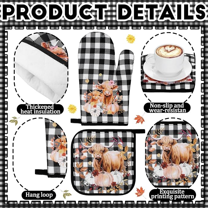 Fourluoo 10 Pcs Kitchen Dish Towels Rugs Oven Mitts and Pot Holders Set Farmhouse Kitchen Decor Set for Women Mom Daughter Gift Cooking Baking Grilling(Warm Color,Highland Cow)