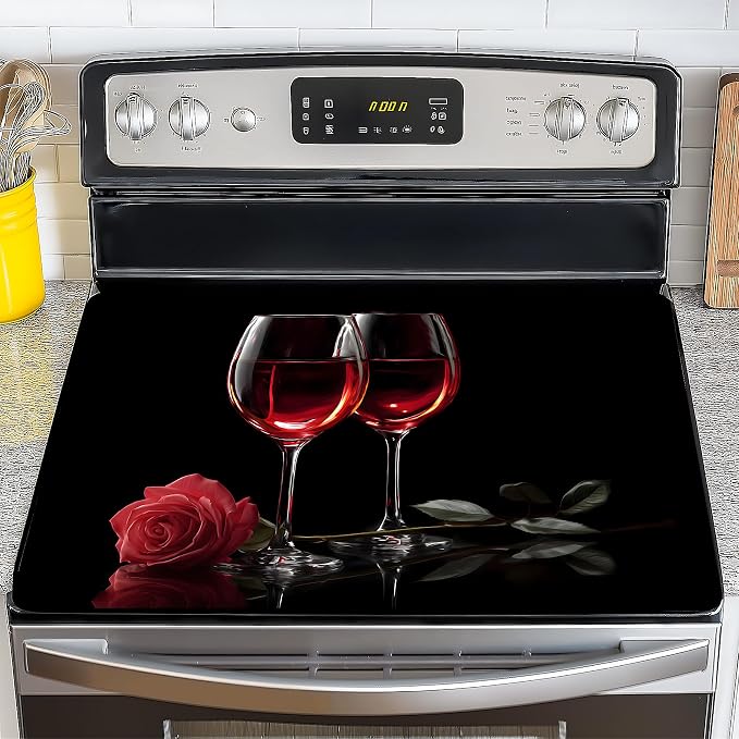 NYZE Stove Top Cover for Electric/Glass Stove, Red Wine Glasses & Rose Flat Top Cooktop Protector, Electric Cooktop Cover, Extra Counter Space for Kitchen