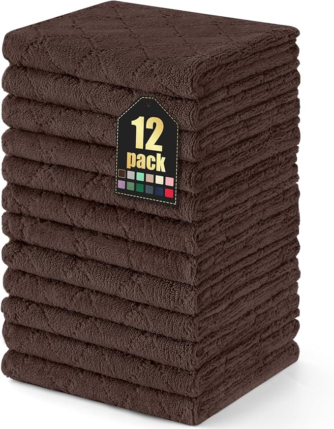 Homaxy 12 Pack Super Soft Absorbent Dish Cloths, 13" x 19", Brown | Coral Velvet, Nonstick Oil Fast Drying Microfiber Cleaning Cloth, No Lint Dishcloths for washing and drying