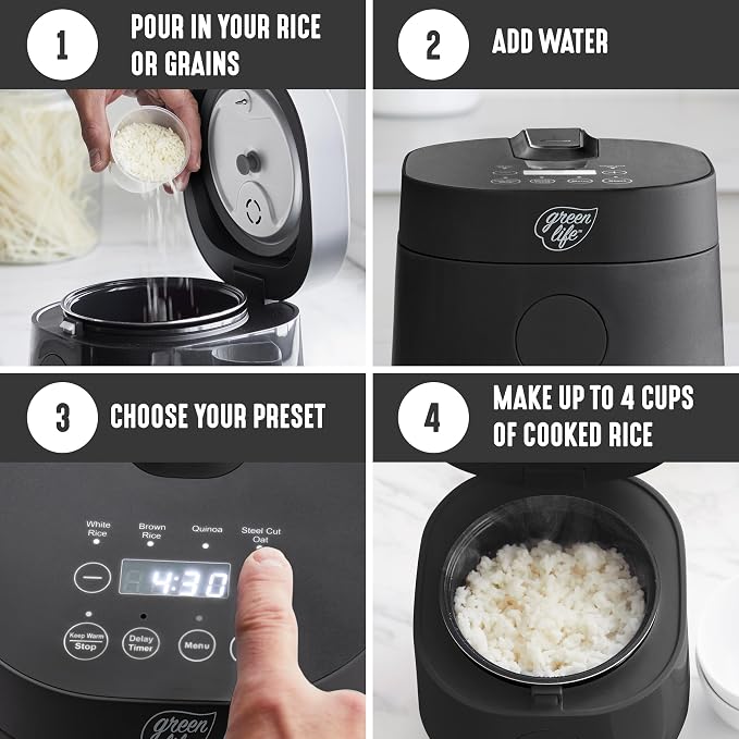 GreenLife Digital Rice Cooker, 2-Cups Uncooked/4-Cups Cooked, Black | PFAS-Free Ceramic Nonstick Coated 1.5QT Pot, One-Touch Presets, Oats, Quinoa, Brown Rice, Auto Warming, Fuzzy Logic Tech