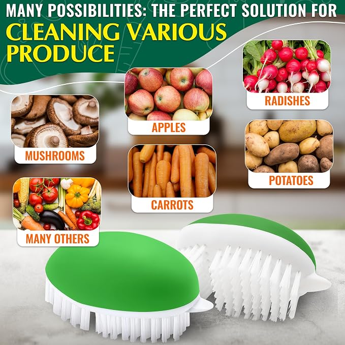 2 Pcs Potato Scrubber Brush, 2.3"x3.9", Soft and Stiff Bristles | Vegetable Brush Scrubber for Food, Ergonomic Design, Crack-Resistant Frame, Drawer Storage; for Carrots, Apples, & Mushrooms