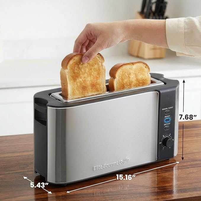 Elite Gourmet ECT3200 2-Slice Slim Toaster, Stainless Steel & Black | 1 Long Slot, 6 Toast Settings, Reheat, Defrost & Cancel, Built-In Warming Rack, Extra-Wide Slots Fit Bagels & Waffles