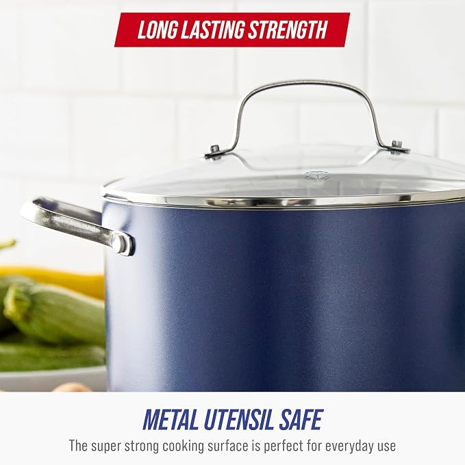 Blue Diamond 8QT Diamond Infused Ceramic Nonstick Stockpot with Lid, Blue | PFAS-Free Ceramic Nonstick Multipurpose Pot, Dishwasher & Oven Safe, Durable Metal Utensil Safe, Soups, Glass Lid