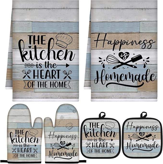 Sratte 6 Pcs Kitchen Decor Accessories Set, Kitchen, Brown Green | Farmhouse Kitchen Towels Pot Holders Oven Mitts Set 2 Dish Towels 2 Potholders 2 Cooking Mittens for Baking Cooking Supply