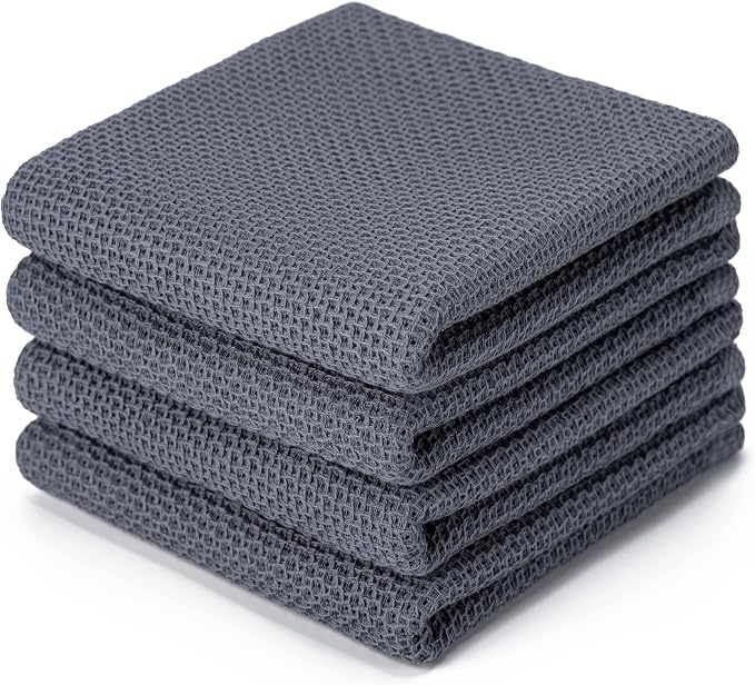 BOOMIBOO 4-Pack Dish Towels,100% Cotton Waffle Weave,13x28 in,Grey | Ultra Soft Absorbent, Quick Drying