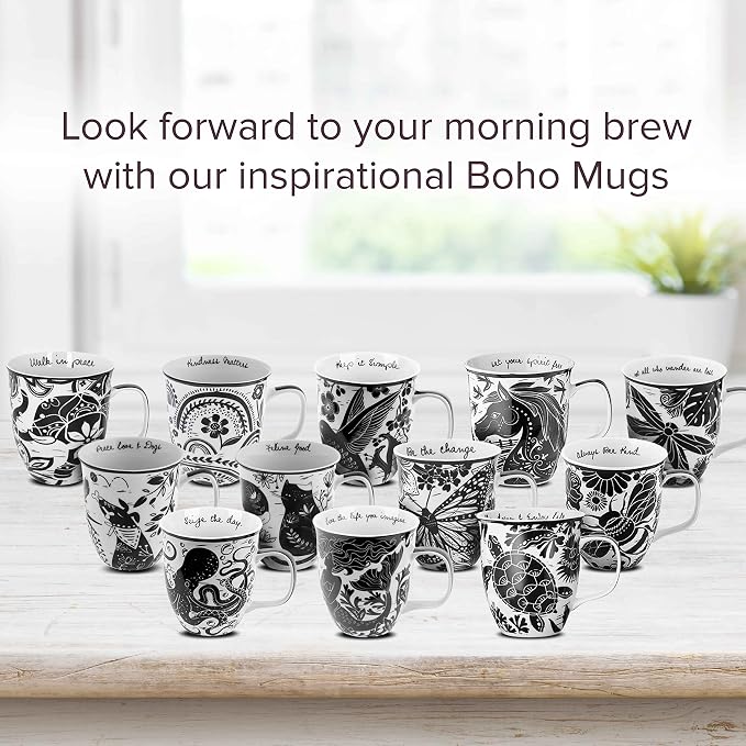 Karma Gifts 14 oz Black and White Boho Mug Dragonfly - Cute Coffee and Tea Mug - Ceramic Coffee Mugs for Women and Men