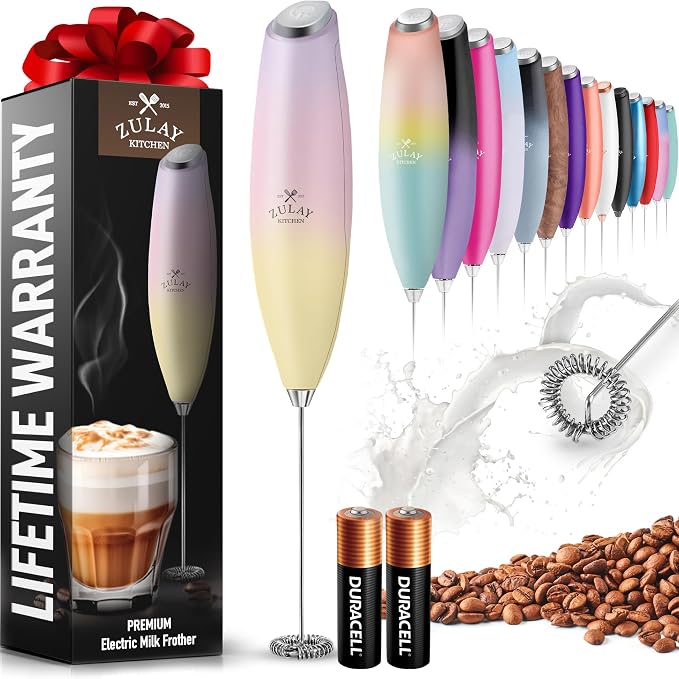 Zulay Powerful Milk Frother for Coffee with Upgraded Titanium Motor - Handheld Electric Whisk, Milk Foamer, Mini Mixer & Coffee Blender for Frappe, Latte, Matcha, No Stand - Ember Sunrise