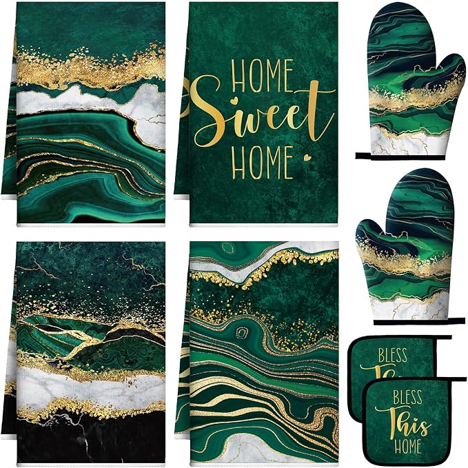 Leinuosen 8 Pcs Green and Gold Marble Kitchen Towels and Dishcloths Sets Oven Mitts and Pot Holders Absorbent Kitchen Gloves Potholders Heat Resistant for Chef Baking Cooking