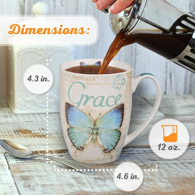 Christian Art Gifts Botanic Blue Butterfly Ceramic Coffee Mug – Inspirational Coffee Cup for Women & Men 12 oz. Lead-free Microwave and Dishwasher Safe Coffee Mug with Bible Verse: Grace - Eph. 2:8
