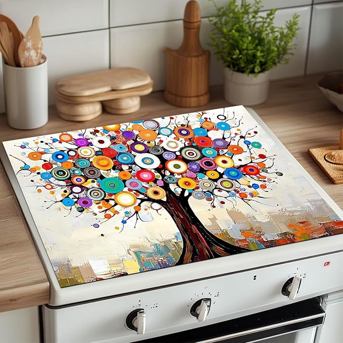 HOMETITUTE Vibrant Circle Tree Stove Top Cover 28x20 Abstract Art Mat