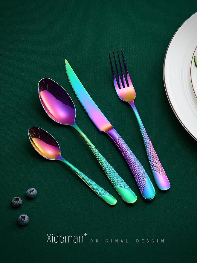 Xideman® 16-Pc Modern Rainbow Hammered 18/10 Stainless Steel Silverware Set | Ultra Sharp 2-IN-1 Serrated Knives, Ergonomic Non-Slip Handles, Service for 4, Rust Resistant, Dishwasher Safe