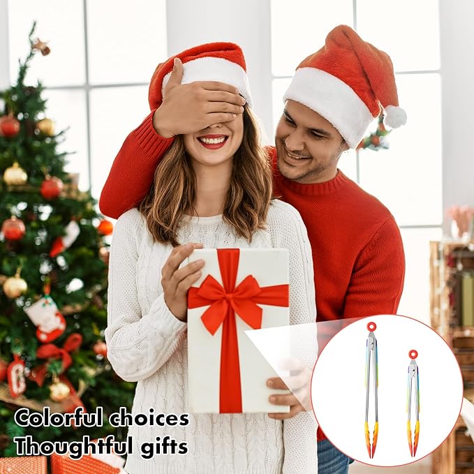 OYV Rainbow Silicone Tongs for Cooking, Heat Resistant Kitchen Tongs for Salad, Grilling, Cooking, 304 Stainless Steel Locking and BPA Free Silicone Tips Set of 2, 9 and 12 Inch