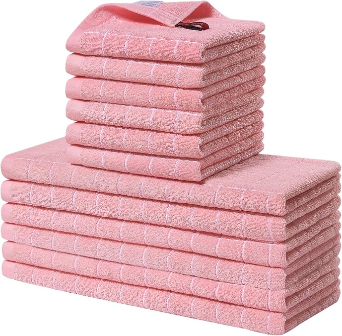 Homaxy Kitchen Towels and Dishcloths Set, Set of 12, Pink | Bulk Cotton Terry Kitchen Towels, Checkered Designed, Soft and Super Absorbent Dish Towels, 12 x 12 and 13 x 28 Inches