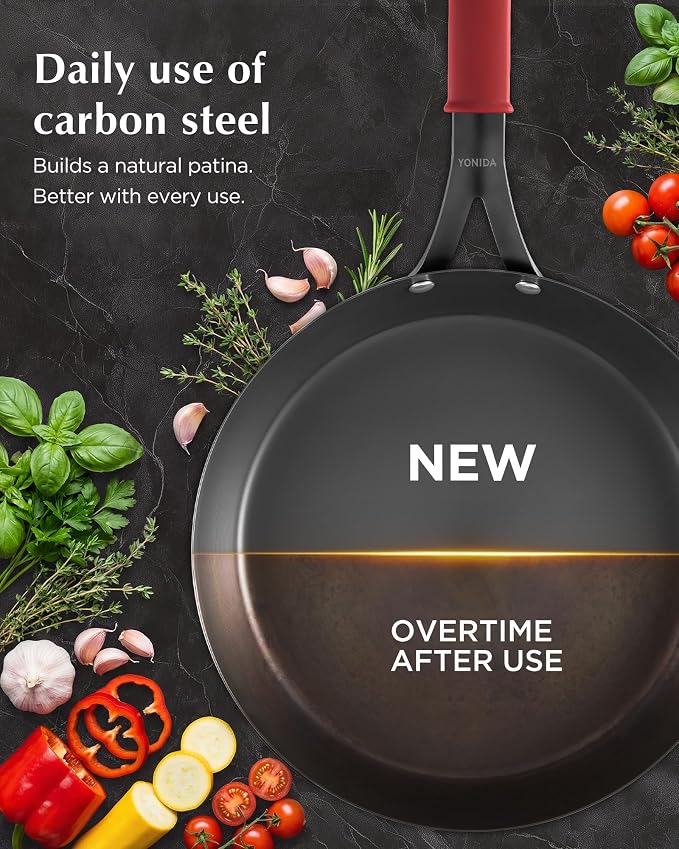 Carbon Steel Pan, 12 Inch Nonstick Frying Pan Skillet with Lid | Pre-Seasoned Carbon Steel Cookware with Removable Silicone Handle Holder, Indoor/Outdoor, Induction & Oven Safe