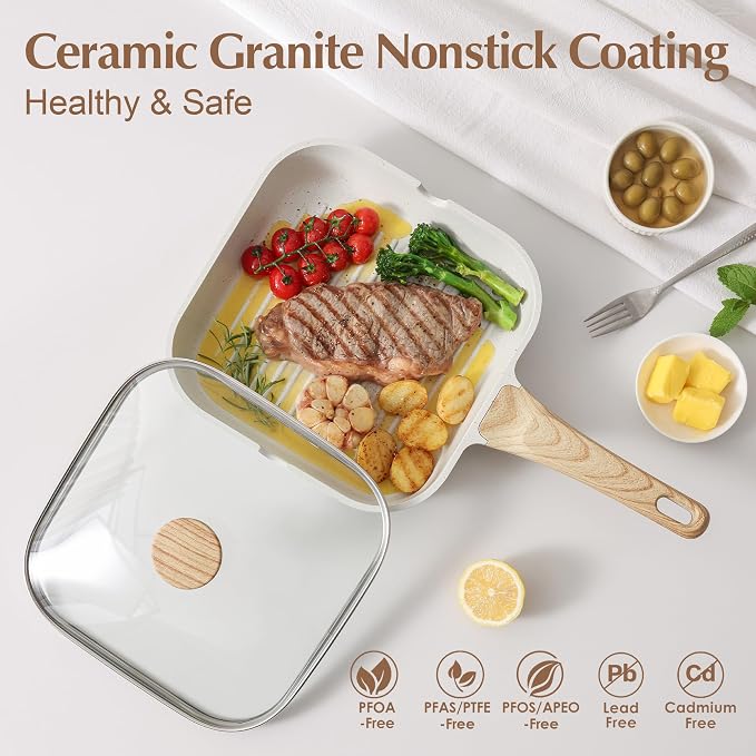 SENSARTE Nonstick Ceramic Grill Pan with Lid, Versatile Square Grilling Pan with Pour Spouts, Durable Grill Skillet for All Stoves(Gas,Electric,Induction) Non Toxic-PTFE,PFAS,PFOA Free, 9.5 Inch