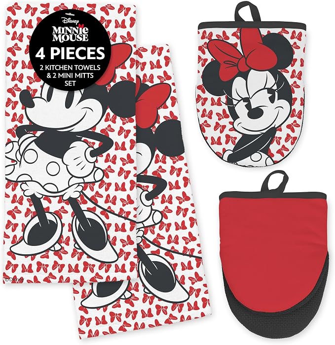 Disney Minnie Cotton Kitchen Towels & Mini Oven Mitts, 4-Piece Set | Absorbent, dries dishes fast, machine washable, mitt grip resists heat to 350F and is hand wash only, great for gifting