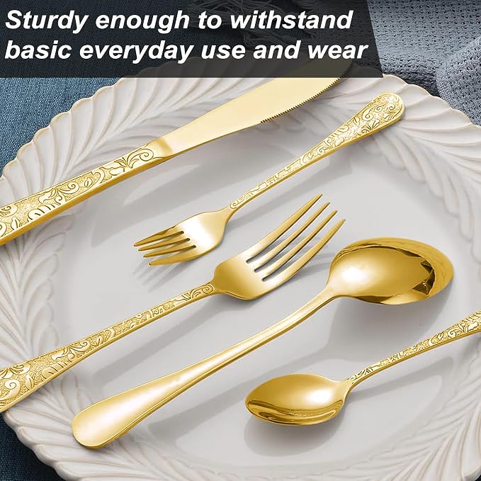 Runfly Vintage Carved Gold Stainless Steel 20-Piece Flatware Set | Silverware Set, Modern Embossed Cutlery Set Utensils Kitchen Including Fork Spoon and Knife