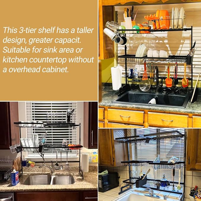 ADBIU Over Sink Dish Drying Rack (Expandable Height/Length) Snap-On Design Large Dish Drainer Storage Counter Organizer 32-40L x 12W x 34-38H (inches)