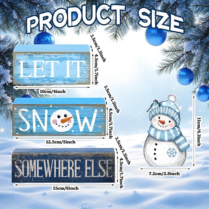 Lineshading 4 Pcs Wooden Snowman Tiered Tray Decor Block Signs Winter | Farmhouse Stacked Blocks, Let It Snow Somewhere Else Quote, Rustic Winter Seasonal Display for Shelves Mantels Tabletops