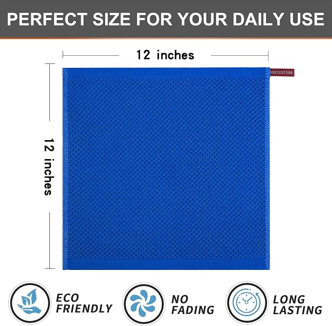Kitinjoy 100% Cotton Waffle 6-Pack Kitchen Towels, 12" x 12", Blueberry | Ultra Absorbent, Super Soft, lightweight, Quick Drying Dish Rags for Washing Dishes