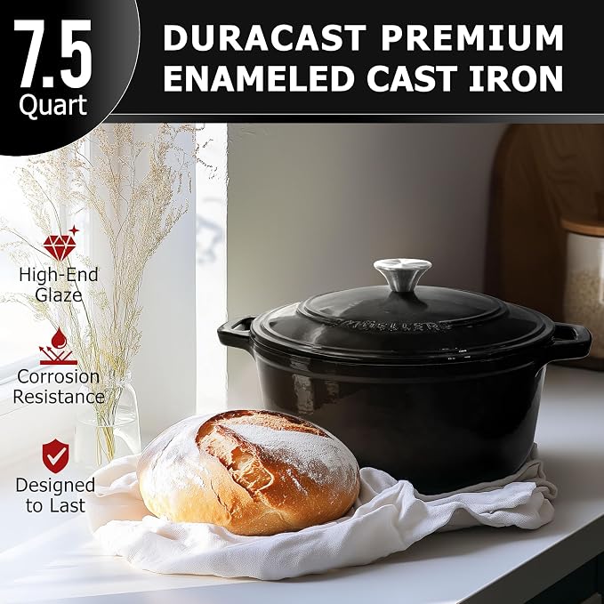 MUELLER HOME 7.5 QT Enameled Cast Iron Dutch Oven, Heavy-Duty, Oven-Safe up to 500° F & Across All Cooktops, Casserole Dish and Braiser Pan with Lid and Stainless Knob, Black | Heavy-Duty