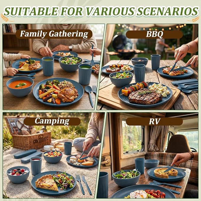28-Piece Wheat Straw Dinnerware Sets, Microwave & Dishwasher Safe Unbreakable Dinnerware Set, Reusable Dishware Sets, Lightweight Camping Dishes, Plates, Cups, Cereal Bowls for 4 (Navy Blue)