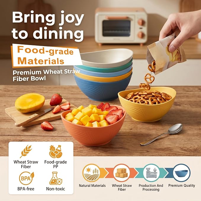 Wheat Straw Bowls 26oz, Unbreakable Ramen Bowl Set of 6, Oval Plastic Bowls for Salad, Pho, Cereal, Microwave & Dishwasher Safe Soup Bowl for Kitchen, Camping, RV, Party - Multi