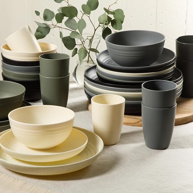 Gibson Home Plates and Bowls Set, 32 Piece Wheat Straw Dinnerware for 8 | Carmel Haze Collection - Dishes, Dishware, Matte, 4 Assorted Colors, Tumblers, Unbreakable, Lightweight, Dishwasher Safe
