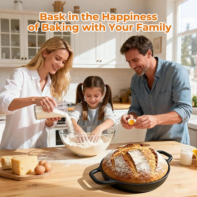 5QT Pre-Seasoned Cast Iron Dutch Oven For Bread Baking, Dutch Oven with Domed Lid, Sourdough Bread Baking Supplies, Multi-Functional Bread Pan For Baking, Frying, Roasting