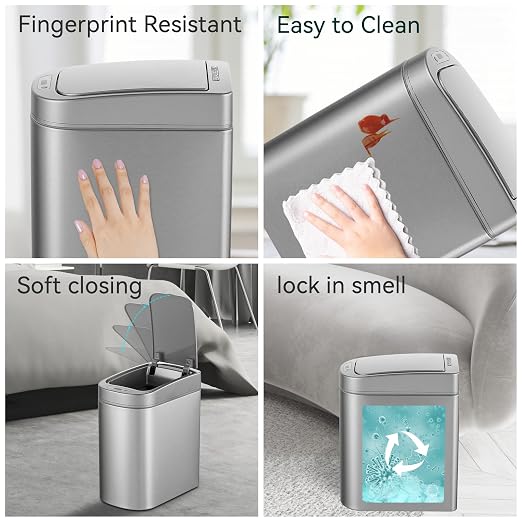 Ninestars Small Automatic Motion Sensor Bathroom Trash Can, 1.8 Gallon Smart Opening Garbage Bin for Bathroom, Bedroom, Kitchen, Office 7 Liter Compact Stainless Steel