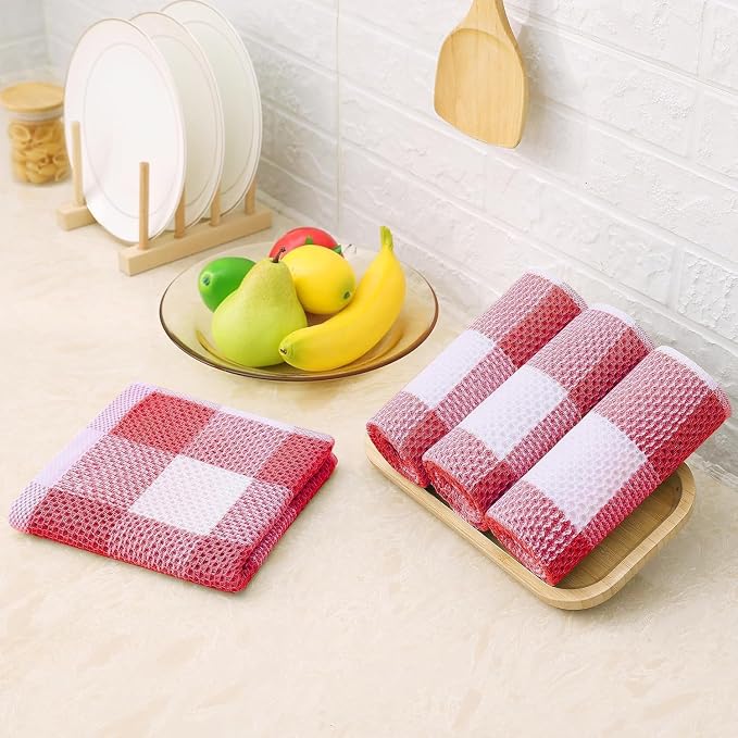 Homaxy Kitchen Towels and Dishcloths Set, Set of 12, White & Red | Bulk Cotton Waffle Weave Check Plaid Kitchen Towels, Super Soft and Absorbent Dish Cloths, 12 x 12 and 13 x 28 Inches