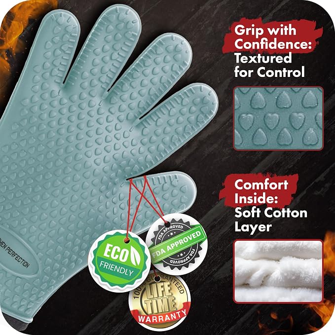 KITCHEN PERFECTION Silicone Smoker BBQ Gloves - Heat Resistant Oven Mitts | Waterproof, 5-Finger Design For A Better Grip, for Pitmasters, Meat Smoking, Grilling, Cooking, Frying Turkey | Grill Gift