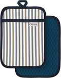 100% Cotton Pot Holders Textured Soft Silicone Blue Stripe | Stylish Pot Holders 2pcs, Machine Washable Non-Slip Heat Resistant Hot Pads & Oven Mitts 2-in-1, Practical Kitchen Decor
