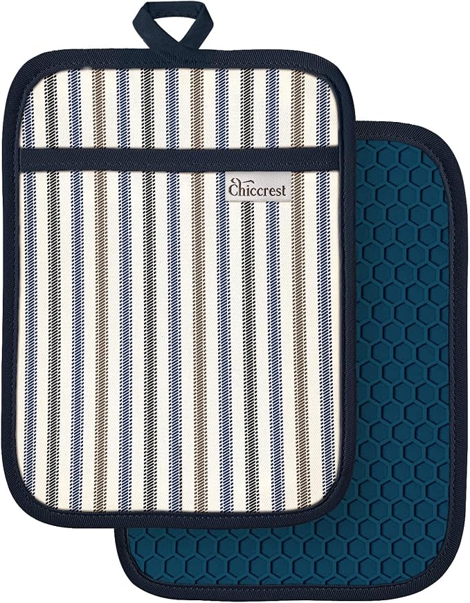 100% Cotton Pot Holders Textured Soft Silicone Blue Stripe | Stylish Pot Holders 2pcs, Machine Washable Non-Slip Heat Resistant Hot Pads & Oven Mitts 2-in-1, Practical Kitchen Decor