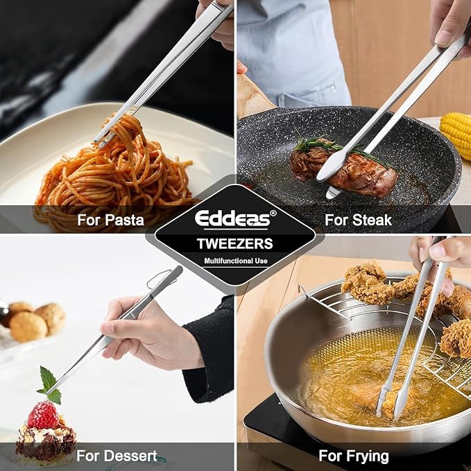 Tongs For Cooking Up To 600°F Metal Kitchen Tweezers Tongs 12", 9 in | Heat Resistant 600 Degrees, Heavy Duty Stainless Steel Cooking for Food, Grill, BBQ, Dishwasher safe Set of 4