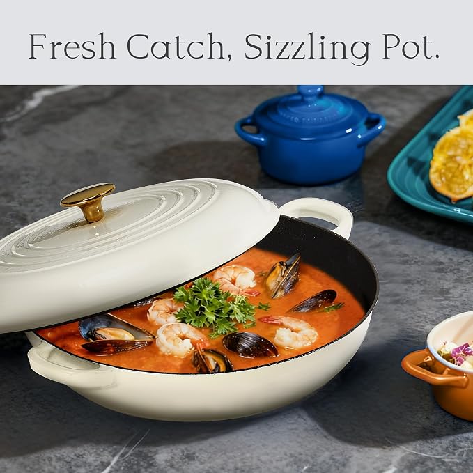 CAROTE 3.4QT Enamel Cast Iron Cookware, Skillet with Lid, White Dutch Oven | Shallow Round Braiser Pan Oven Safe, Non-Toxic Pot for Grilling, Searing, Baking, Dual Handles, All Stovetop Compatible