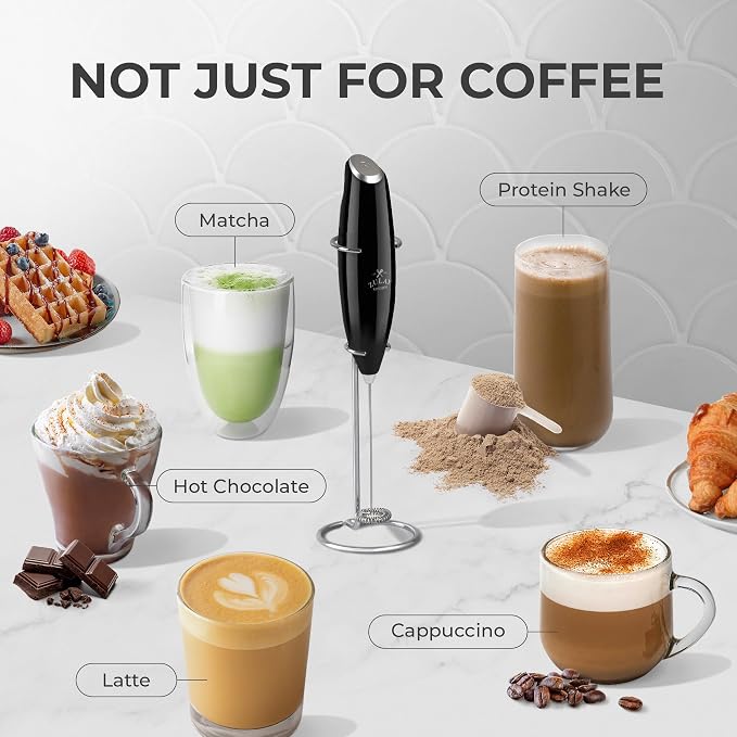 Zulay Kitchen Powerful Milk Frother Wand With Duracell Batteries - Ultra Fast Handheld Drink Mixer - Electric Whisk Foam Maker for Coffee, Lattes, Cappuccino & Matcha - Z1 Motor - Metallic Black