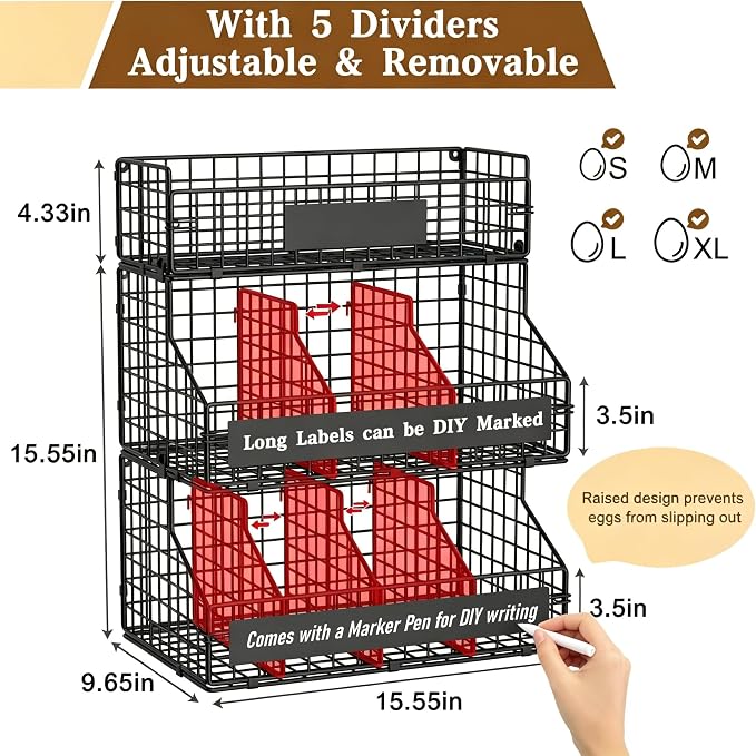 Egg Holder Countertop with 5 Dividers & DIY Nameplate to Separate Eggs | 3 Tier Stackable Wire Storage Baskets for Gathering Fresh Eggs, XXL Large Egg Rack, Wall-Mounted (Patent Pending)