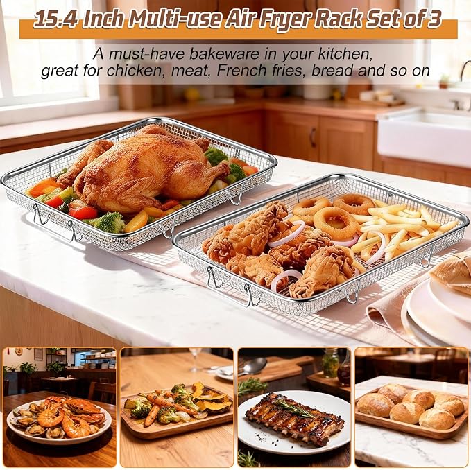 P&P CHEF 15.4 Inch Air Fryer Basket for Oven, Air Fryer Rack, 3 Pieces | Food-grade Stainless Steel Air Fryer Accessories for Frying Cooking Baking Roasting, Ideal for Fried Food, Dishwasher Safe