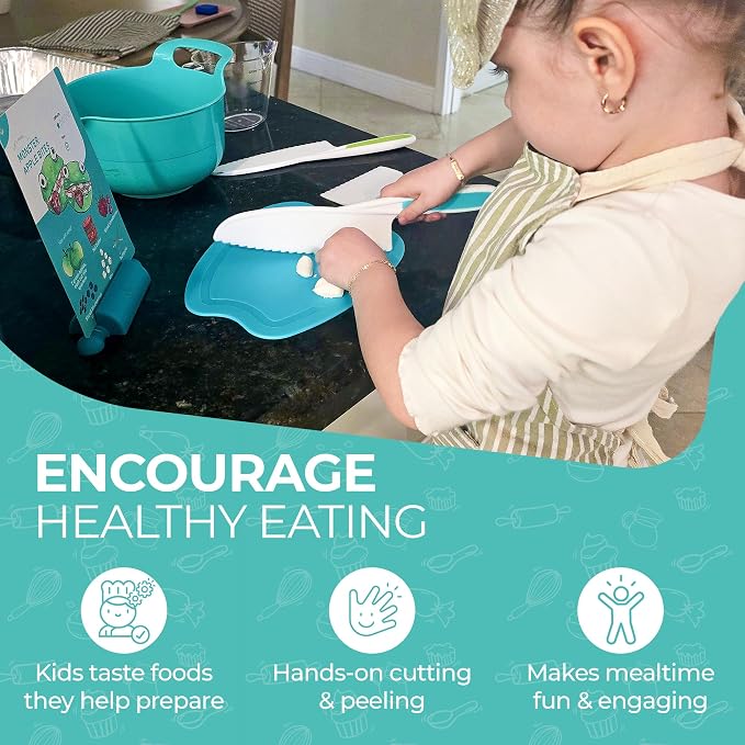 Toddler First Knife and Cutting Board | Safe Skills | Ages 3-8 | Montessori Toddler Cutting Set | Chopper Safety Gloves Peeler | Visual Recipe Book Step by Step Photos | First Chef Gift