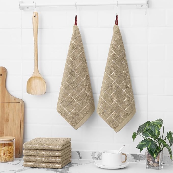 Homaxy 100% Cotton Terry Kitchen Dish Cloths, 4 Pack, Tan | Ultra Soft and Absorbent Dish Towels for Kitchen, Suitable for Drying and Washing Dishes