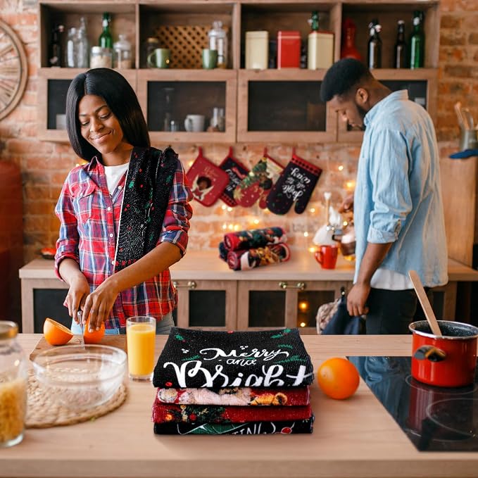 SiliFine 12 Pcs Christmas Kitchen Towels Pot Holders and Oven Mitts Set 4 African American Dish Towels 4 Buffalo Plaid Oven Mitts 4 Black Santa Claus Angel Potholders for Xmas Dish Baking Decorative