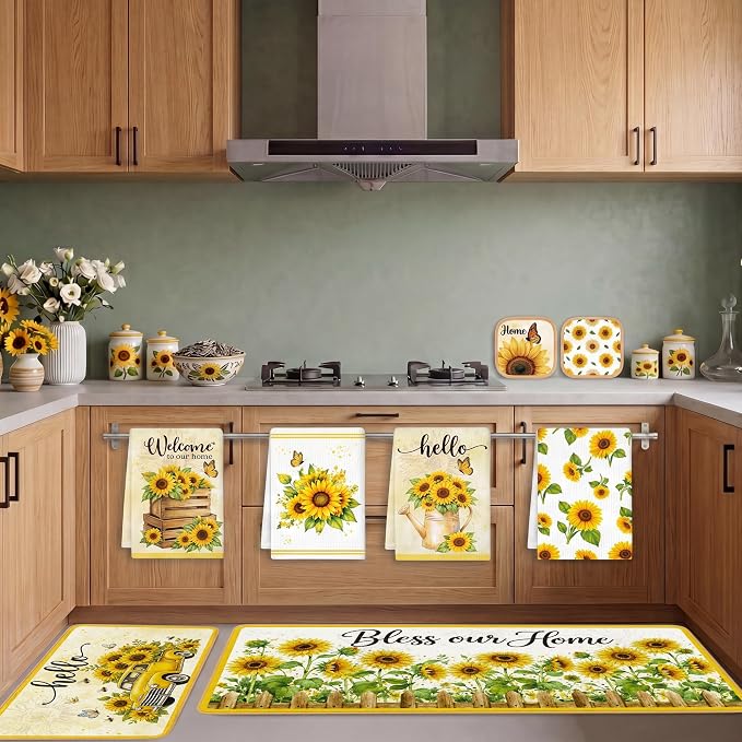 Tieshankao 10Pcs Sunflower Kitchen Decor Accessories Set | Yellow Sunflower Floral Theme, Kitchen Towels, Oven Mitts, Pot Holders, Rugs and Mats, Baking Supplies, Housewarming Gifts