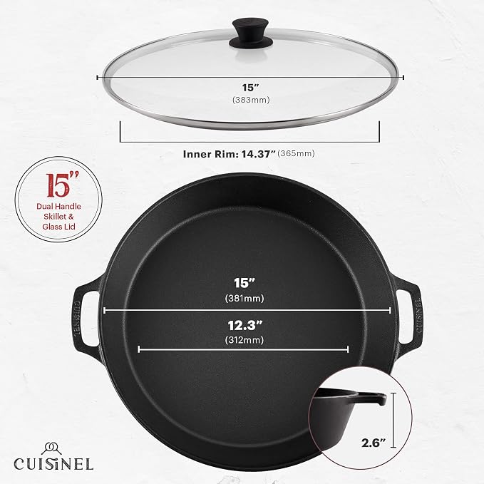 Cuisinel Cast Iron Skillet + Glass Lid + Red Chainmail Scrubber - 15"-Inch Dual Handle Braiser Frying Pan + Silicone Handle Covers - Pre-Seasoned Oven Cookware - Indoor/Outdoor. PFAS and PFOA-free