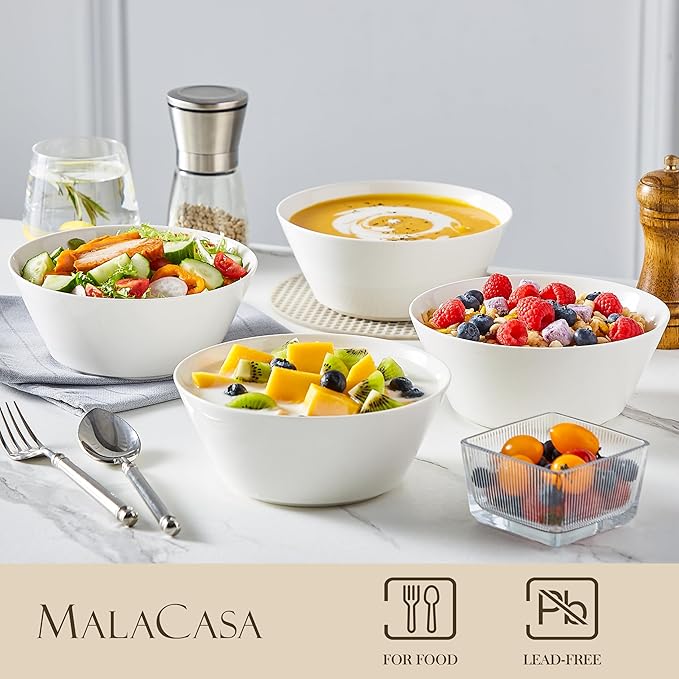 MALACASA 35 OZ Soup Bowls Set of 4, White Bowls Deep Cereal Ramen Bowl | Ceramic Bowls for Salad, Pasta, Pho, Dessert, Fruit, Kitchen Essential, Dishwasher Microwave Safe, Series REGULAR