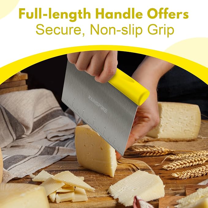 Upgraded 304 Stainless Steel Multi-Purpose Bench Scraper with Measurement Marks, Dishwasher Safe, Dough Cutter for Pizza, Bread and Cookie Dough Vegetable Chopper, Baking Supplies, Yellow