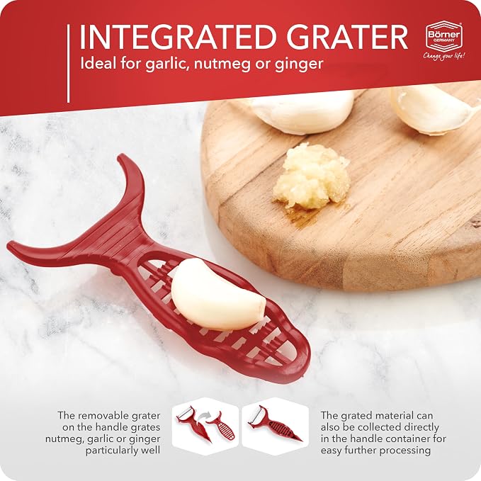 Borner 6-in-1 Fruit and Vegetable Peeler with Stainless Steel Double-Edged Blade, Multi function with Corer, Potato Eye Remover and Mini Grater, Made in Germany, Red