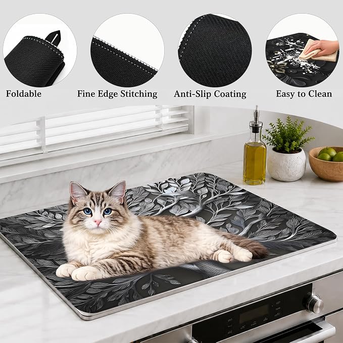 Stove Top Cover for Electric Stove 28"x20" Rubber Stovetop Cover | Heat Resistant Glass Top Stove Cover Protector Mat - Anti-Scratch Dish Drying Mat, Tree of Life Pattern with 2 Hooks