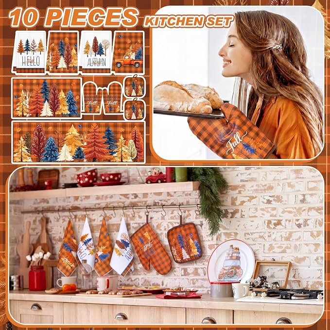 Fourluoo 10 Pcs Fall Maple Trees Kitchen Decor Set Towels Rugs Oven Mitts and Pot Holders Autumn Kitchen Accessories Set for Cooking Baking Grilling Housewarming Gift