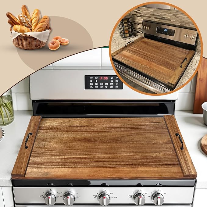 Noodle Board Stove Cover with Handles, Acacia Wood | For Electric Stove, For Gas Stove Top